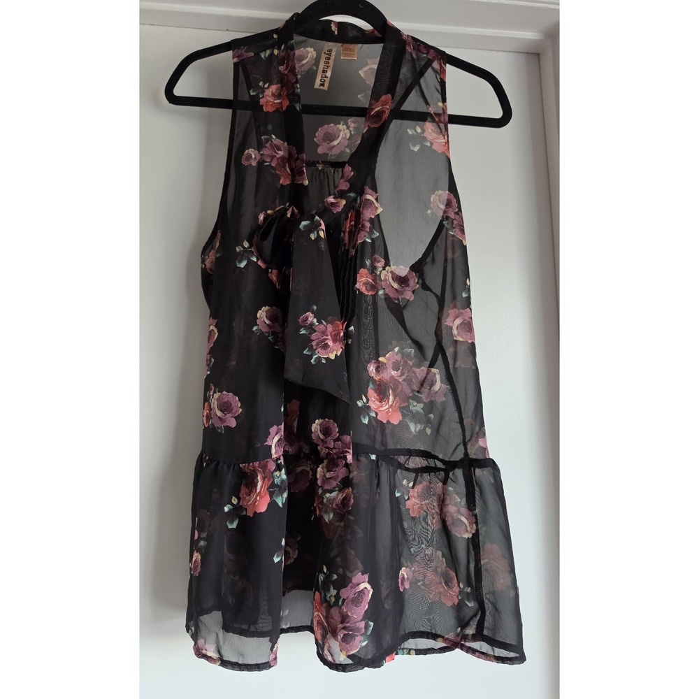 Eyeshadow Womens Top Size L Floral Black Red Pink Sleeveless Blouse Sheer Bow